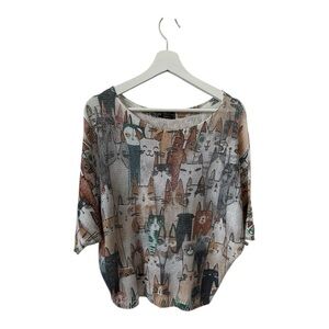 Bella Amore Cat Pattern Knit Short Sleeve Sweater - Size Medium